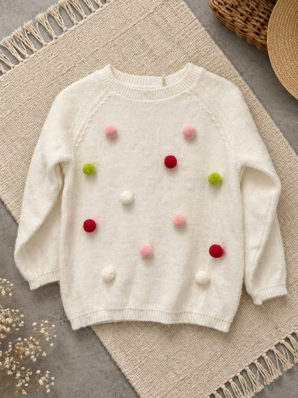 NWT Doe A Dear Toddler Girls White Multi Color All Over Pom Pom Sweater- Size 4T